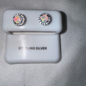 New Sterling Moissanite & Fire Opal Stud Earrings 7mm